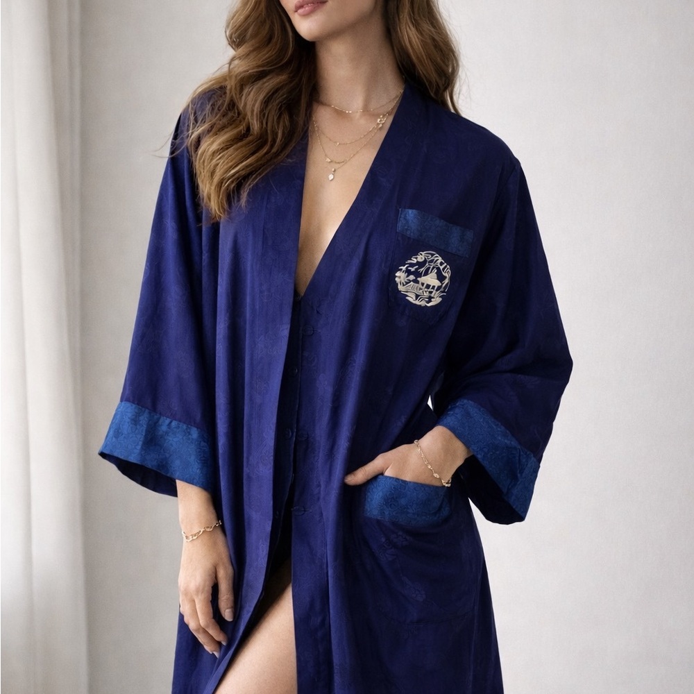 Vintage Navy Silk Jacquard Robe Kimono | Embroidered Luxe Lounge Coat